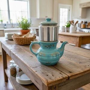Vintage Grandmothers Collectible Sky Blue Ceramic Drip•O•Lator Coffee Tea Pot